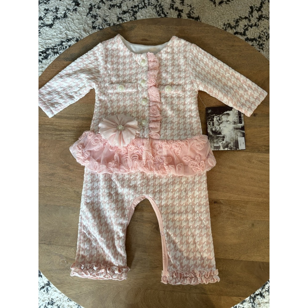 Vintage CachCach Baby Girls Pink Houndstooth Pearl Romper Lace Ruffle 9M NEW NWT